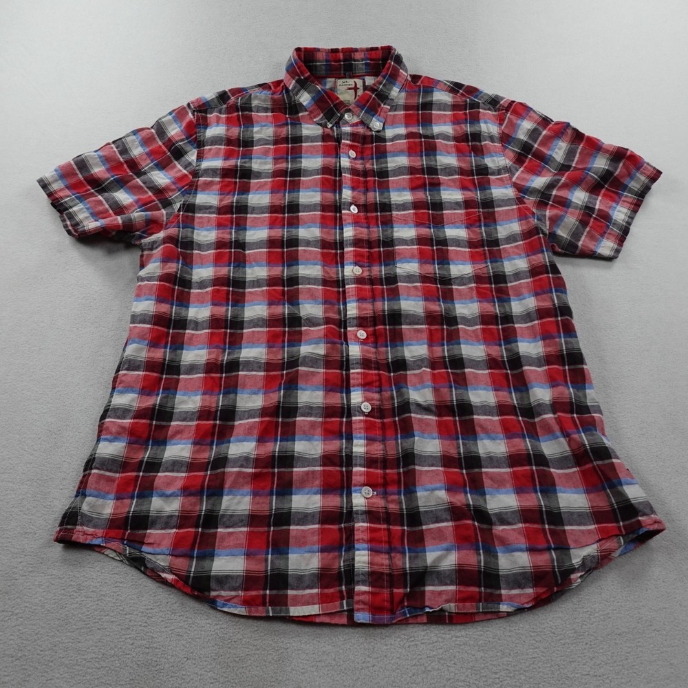 Relwen Button Up Shirt Mens XL Red Plaid Lightweight Cotton Stretch Short Sleeve